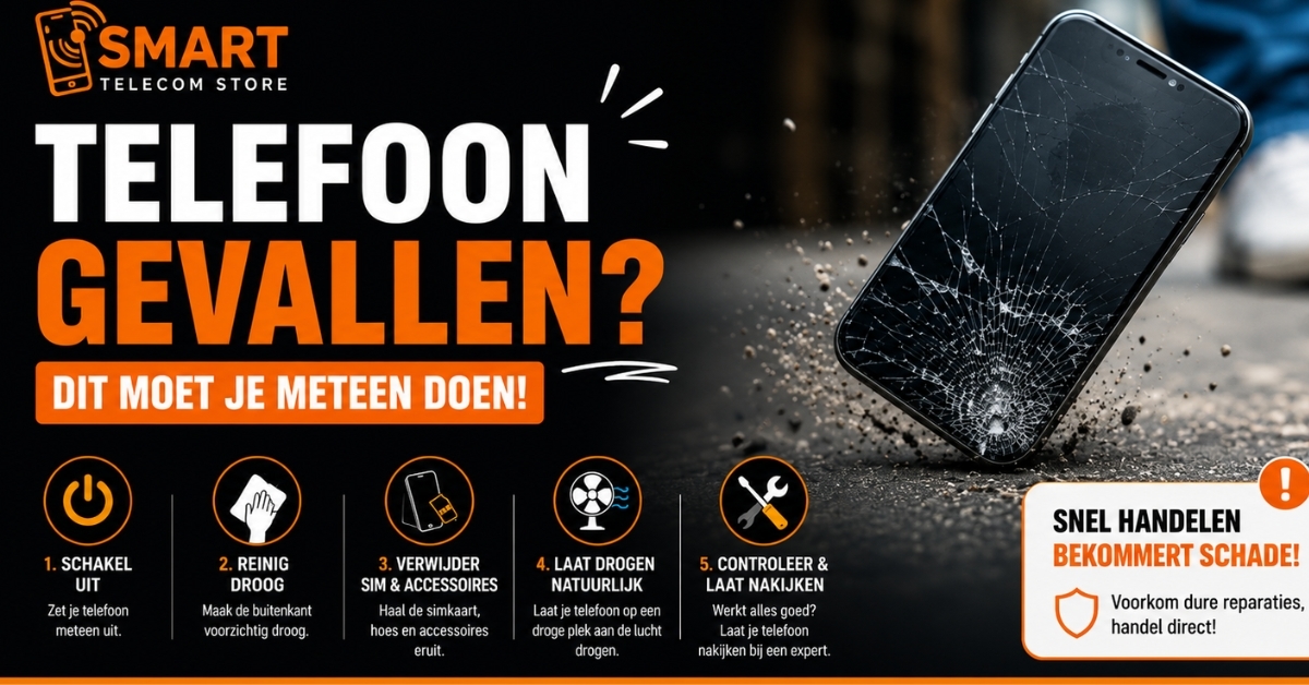 Gevallen telefoon met gebarsten scherm en directe stappen