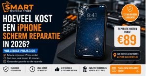 Gebarsten iPhone scherm dat wordt gerepareerd door technicus, toont kosten van iPhone scherm reparatie in 2026