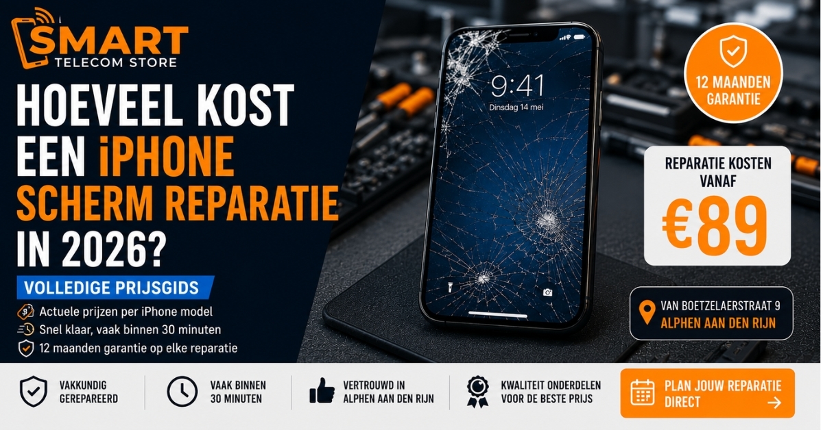 Gebarsten iPhone scherm dat wordt gerepareerd door technicus, toont kosten van iPhone scherm reparatie in 2026