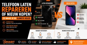 Vergelijking tussen telefoon reparatie en nieuwe smartphone kopen met technicus die toestel repareert en kostenbeslissing