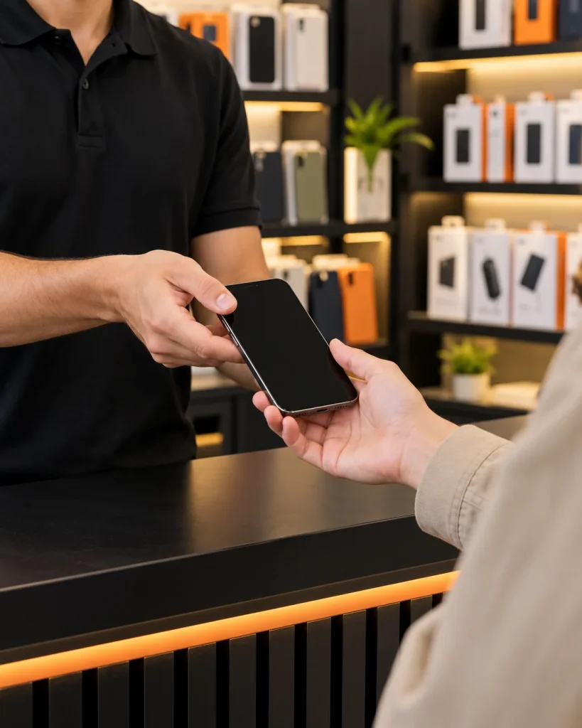 Een specialist geeft een smartphone terug aan een klant aan de winkelbalie