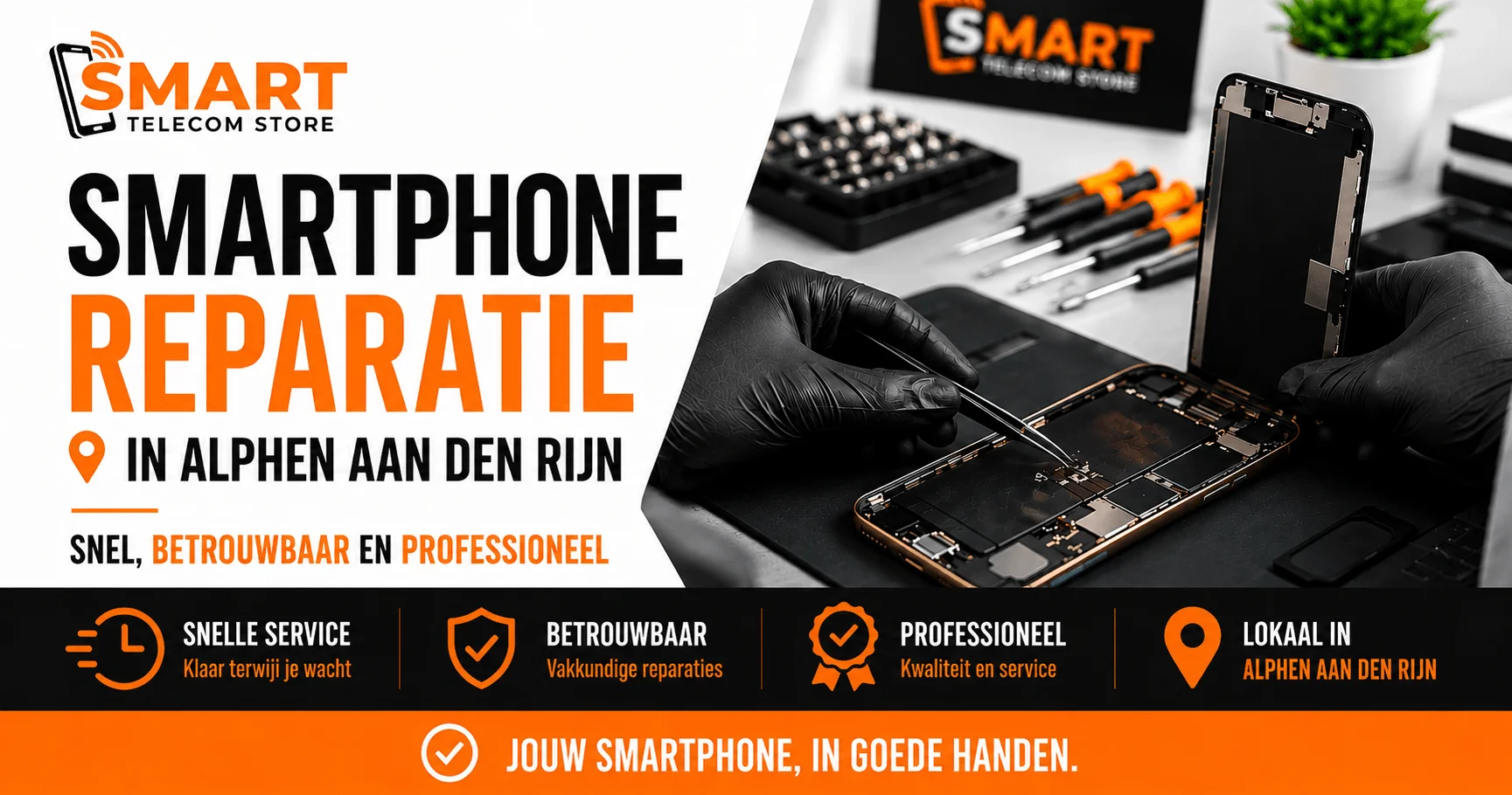 Smartphone reparatie in Alphen aan den Rijn met technicus die iPhone repareert bij Smart Telecom Store