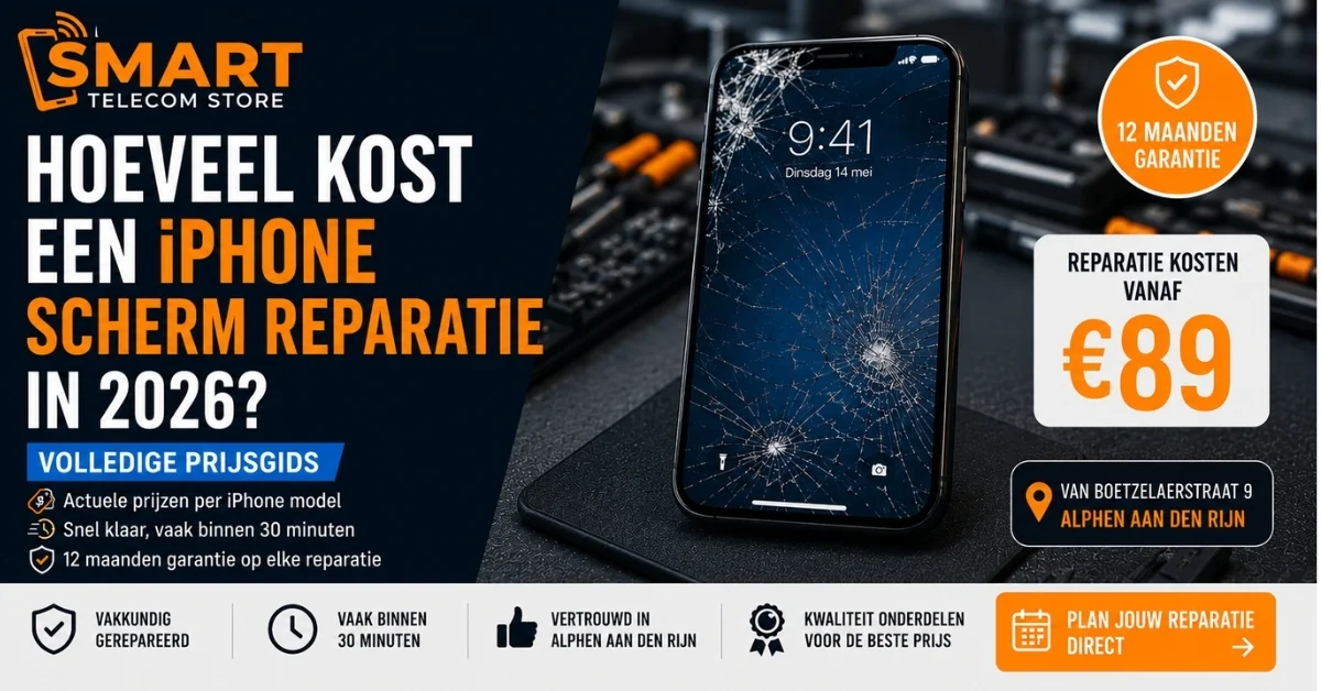 Gebarsten iPhone scherm dat wordt gerepareerd door technicus, toont kosten van iPhone scherm reparatie in 2026