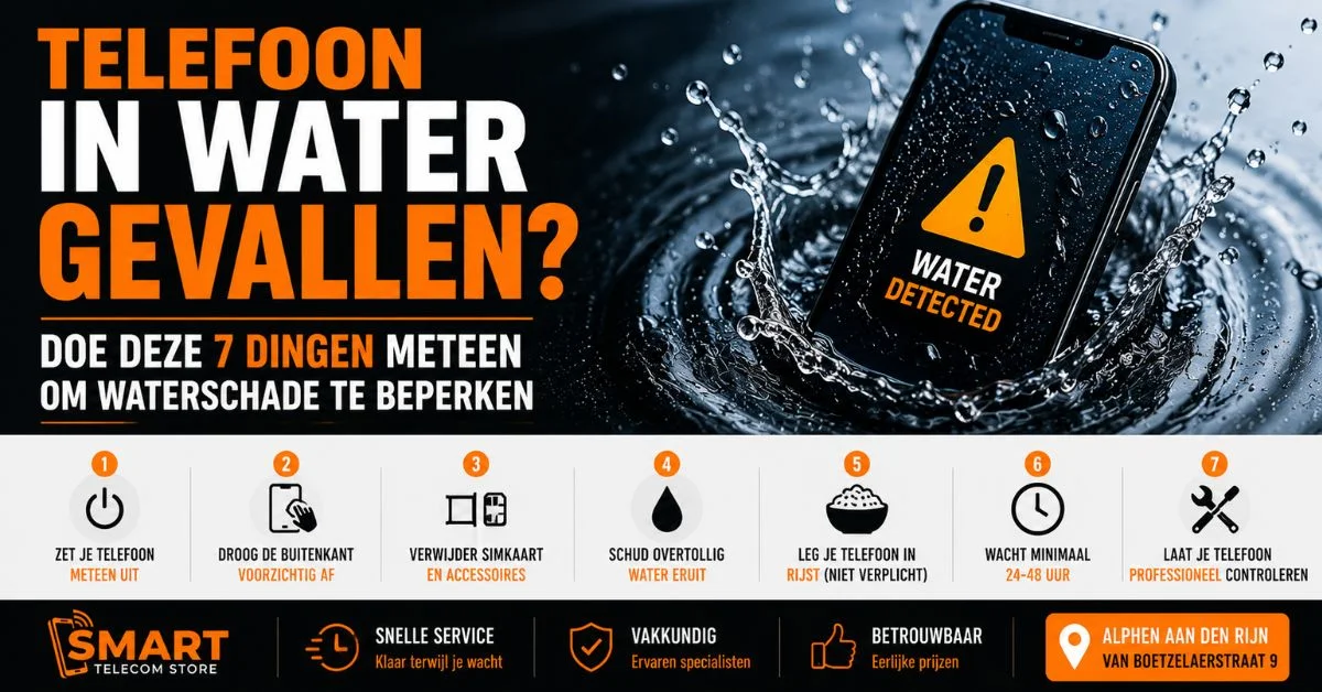 Telefoon in water gevallen en wordt gerepareerd door technicus om waterschade te beperken en werking te herstellen