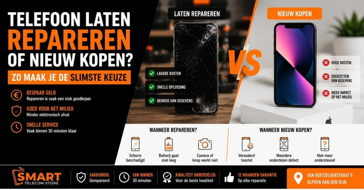 Vergelijking tussen telefoon reparatie en nieuwe smartphone kopen met technicus die toestel repareert en kostenbeslissing