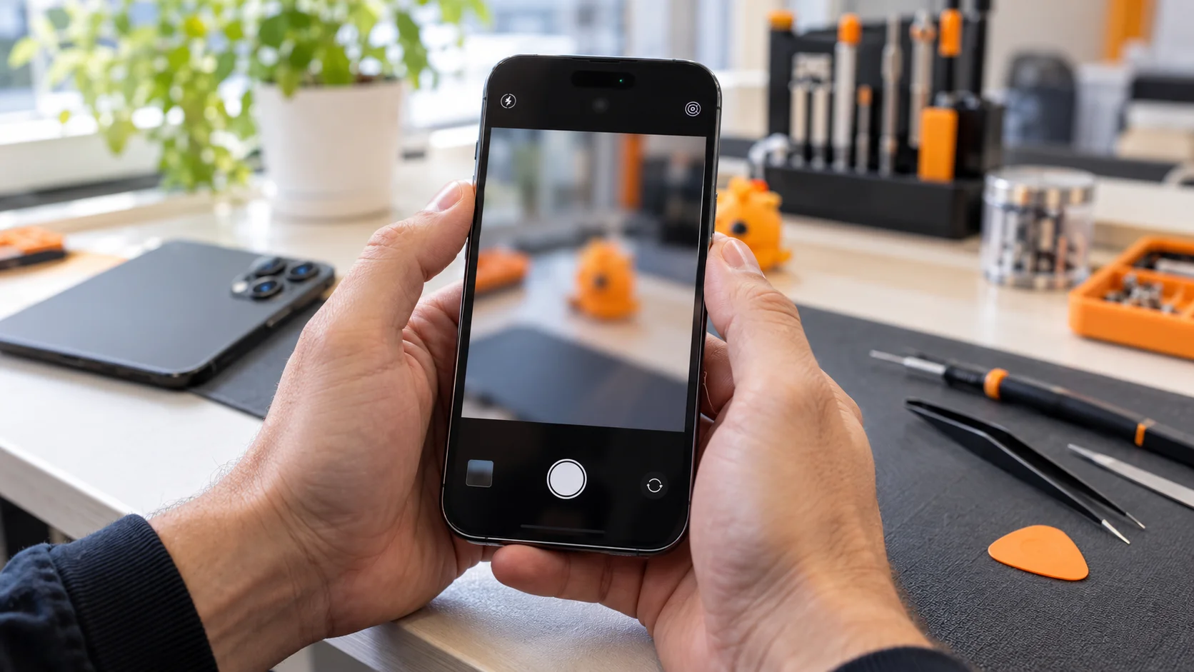 Smartphone met een onscherp camerabeeld boven een werkbank met reparatiegereedschap.